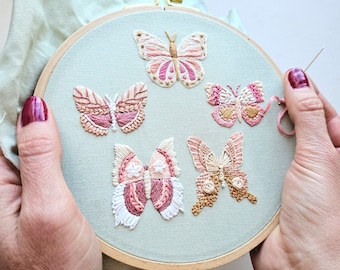 Butterfly hand embroidery pattern PDF with online video tutorial, DIY adult craft project digital instructions