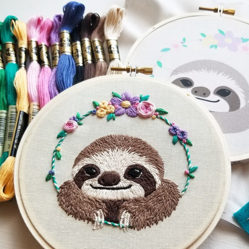 Cute sloth hand stitching kit DIY modern embroidery hoop art Etsy