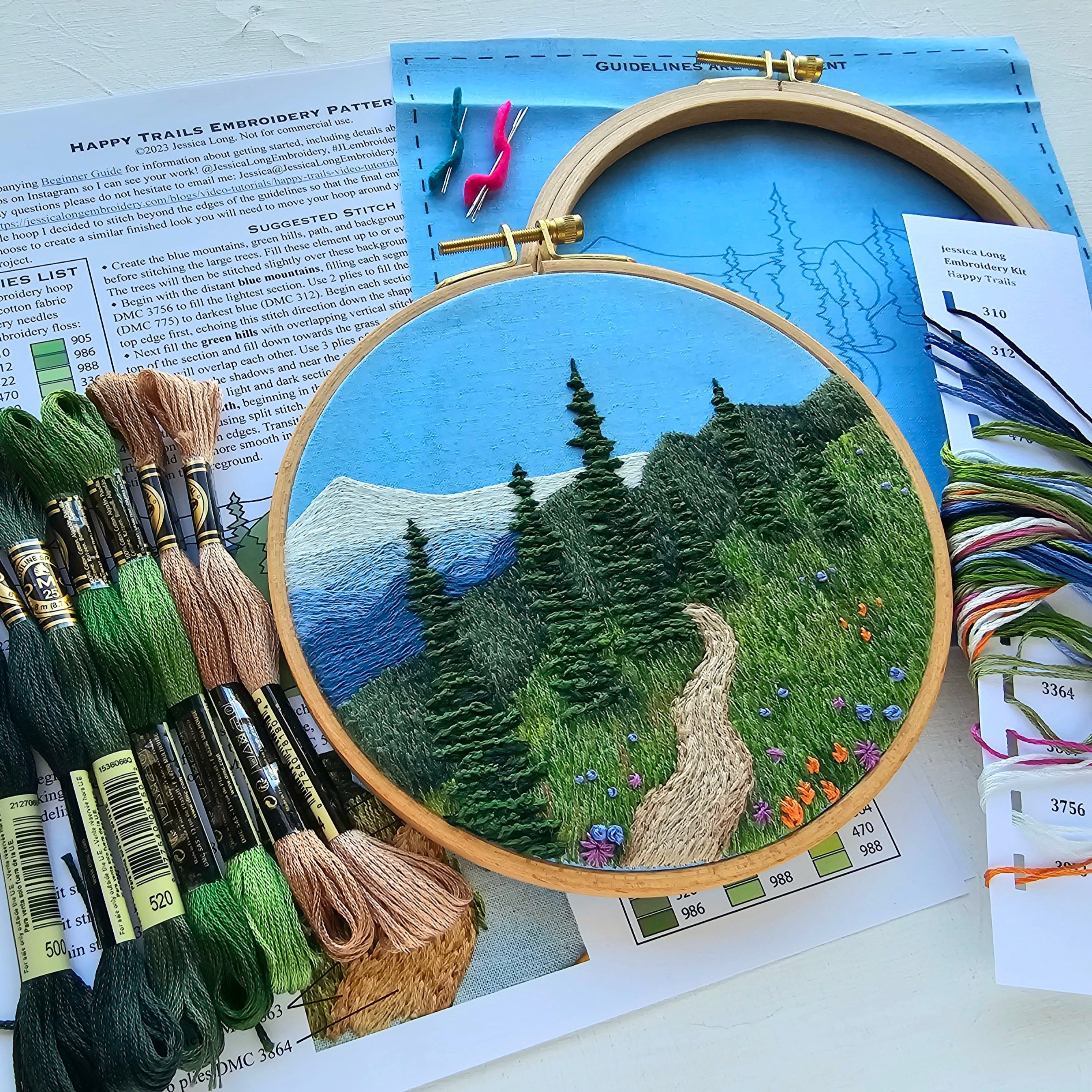 3 Sets Embroidery Starter Kit With Landscape Tree Mountain River Floral Nature Scenery Pattern Embroidery Kit Hoops Needles Threads Beginners