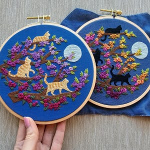 Black cats hand embroidery kit &quot;Catwalk&quot; with orange tabby option, embroidery pattern and supplies with online video tutorial