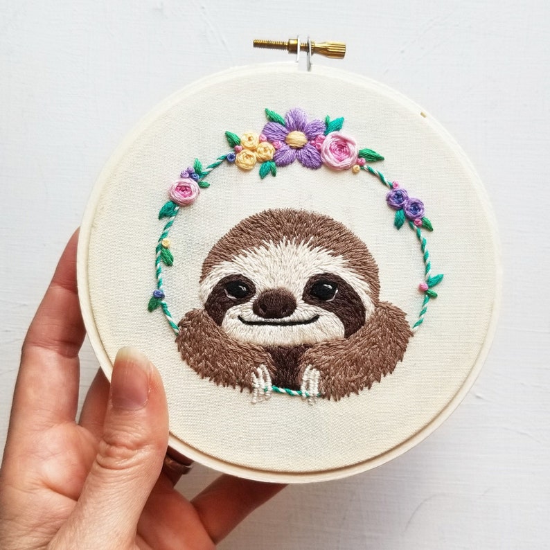 Cute sloth hand stitching kit, DIY modern embroidery hoop art image 5