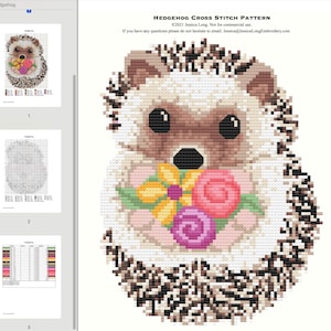 May include: Cross stitch pattern for a hedgehog holding a bouquet of flowers. The hedgehog is brown and white with black eyes. The flowers are yellow, pink, and purple. The pattern is in black and white and includes a colour key.