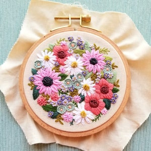 Retro Wildflower Sampler hand Embroidery pattern, digital download PDF with instructions, color & stitch keys, and template image 2