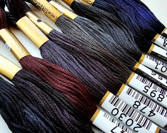 Black and dark colors Lecien Cosmo floss bundle, six-stranded hand embroidery thread, needlework supplies, multipack embroidery skeins