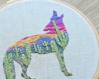 Desert coyote 5 inch hand embroidery kit with saguaro cactus, embroidery pattern and supplies, Tucson Arizona sunset landscape