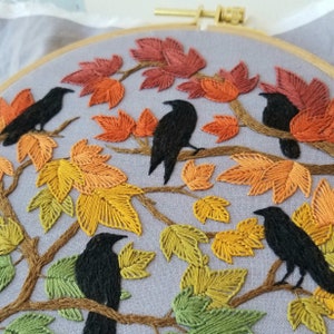 Autumn Birds embroidery hoop kit, crow embroidery pattern, fall seasonal craft project, fall leaves needlework design, self care gift