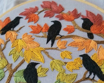 Autumn Birds embroidery hoop kit, crow embroidery pattern, fall seasonal craft project, fall leaves needlework design, self care gift