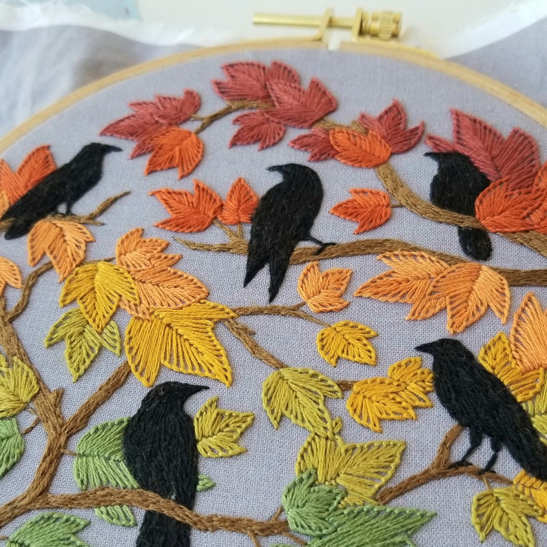 Autumn Birds embroidery hoop kit, crow embroidery pattern, fall seasonal craft project, fall leaves needlework design, self care gift image 1