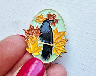 Crow with fall leaves needle minder, gold enamel magnet pin, needle minders for cross stitch & embroidery, gift for her sewing kit