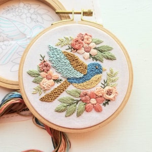 Bluebird beginner hand embroidery kit with online class, easy floral embroidery sampler craft set image 7