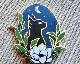 Mystical black cat needle minder, gold enamel magnet pin, needle minders for cross stitch & embroidery, gift for her sewing kit