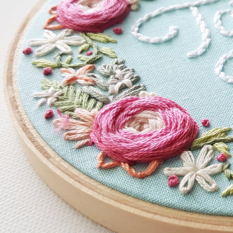 Rose wreath craft project, DIY custom baby hoop art, handmade gift idea for nursery, modern hand embroidery pattern, flower needlepoint pdf image 1