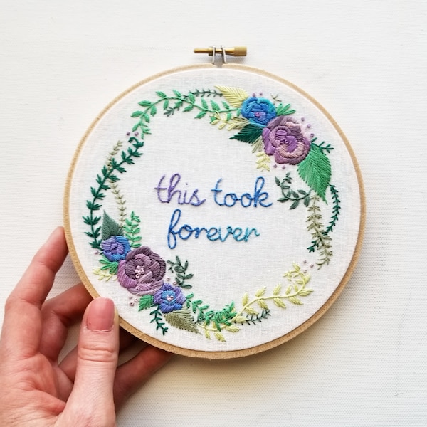 This took forever funny hand embroidery pattern, purple roses needlepoint project, modern floral embroidery design, diy beginner craft pdf