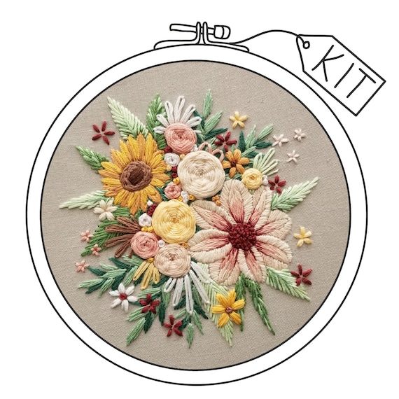 DIY Stamped Embroidery Kit European Style Flowers Plants pattern with  Embroidery Hoop Floss Threads Needles for