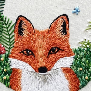Red Fox digital hand embroidery pattern, beginner animal fur thread painting tutorial, DIY woodland hoop art image 2