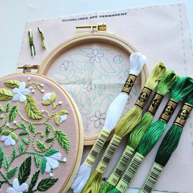 Beginner floral embroidery kit Blissful Blooms, feminine fiber art craft project with printed fabric, needles, floss & hoop image 2