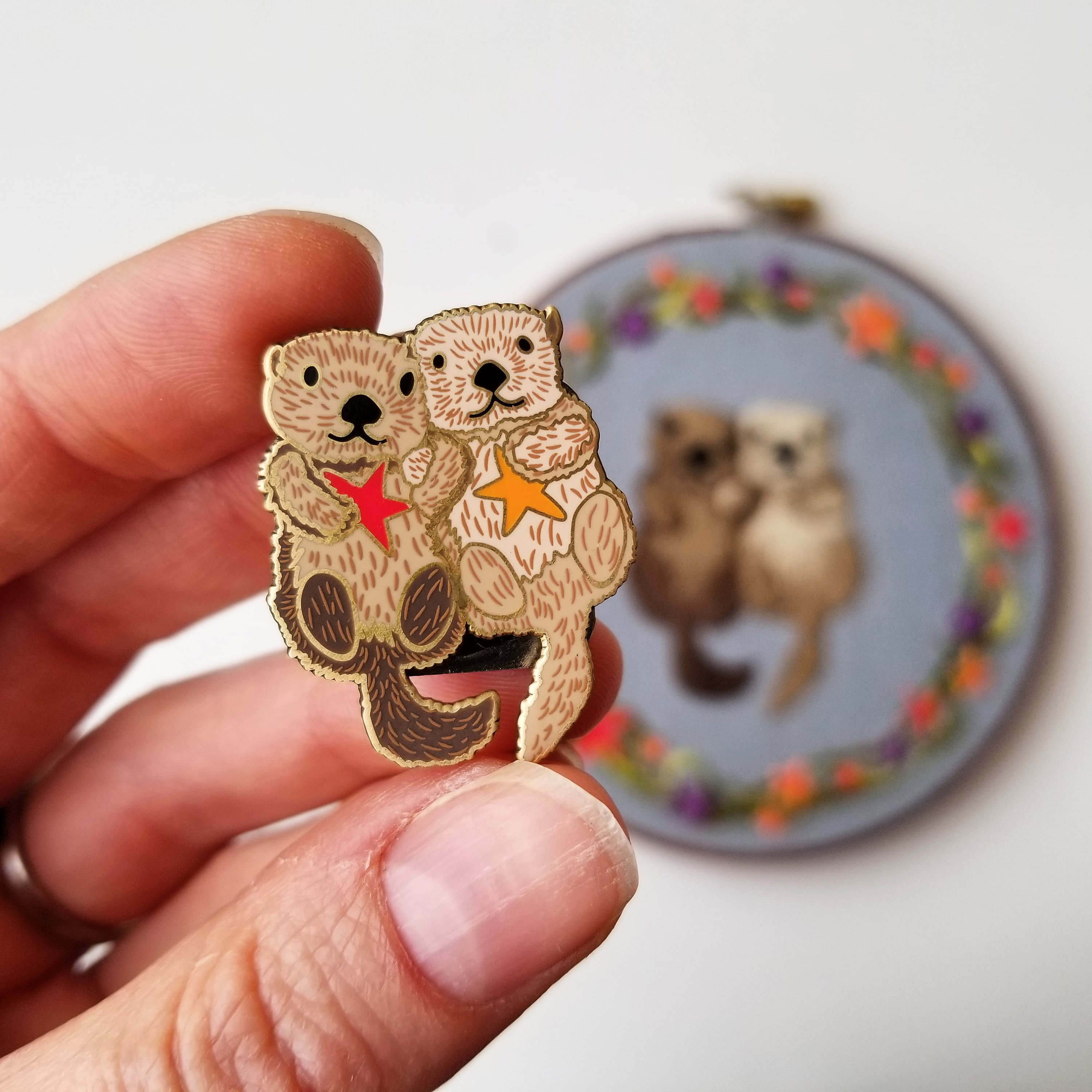 Cute sea otters and starfish needle minder, gold enamel magnet pin, needle minders for cross stitch & embroidery, gift for her sewing kit