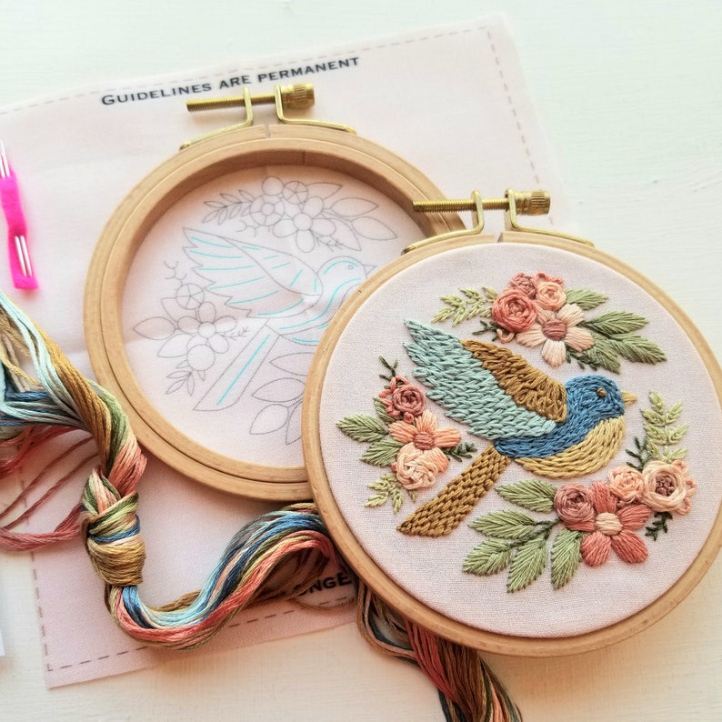 Bluebird beginner hand embroidery kit with online class, easy floral embroidery sampler craft set image 6