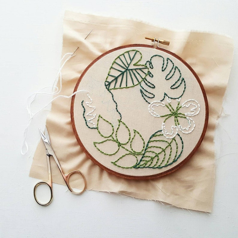 Tropical plants embroidery pattern, DIY monstera leaves wall art, modern hand embroidery PDF, DIY gift idea for housewarming party image 5