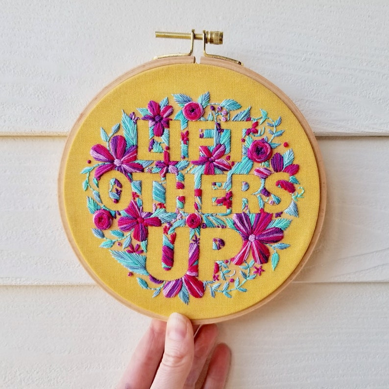 Lift Other Up inspirational embroidery pattern pdf, DIY floral stitch sampler, modern needlework stitch design, motivational hoop art image 1