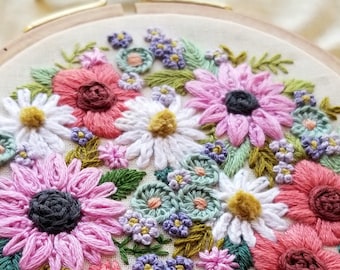 Modèle de broderie à la main Retro Wildflower Sampler, PDF à télécharger numériquement avec instructions, nuanciers de couleurs et de points et modèle