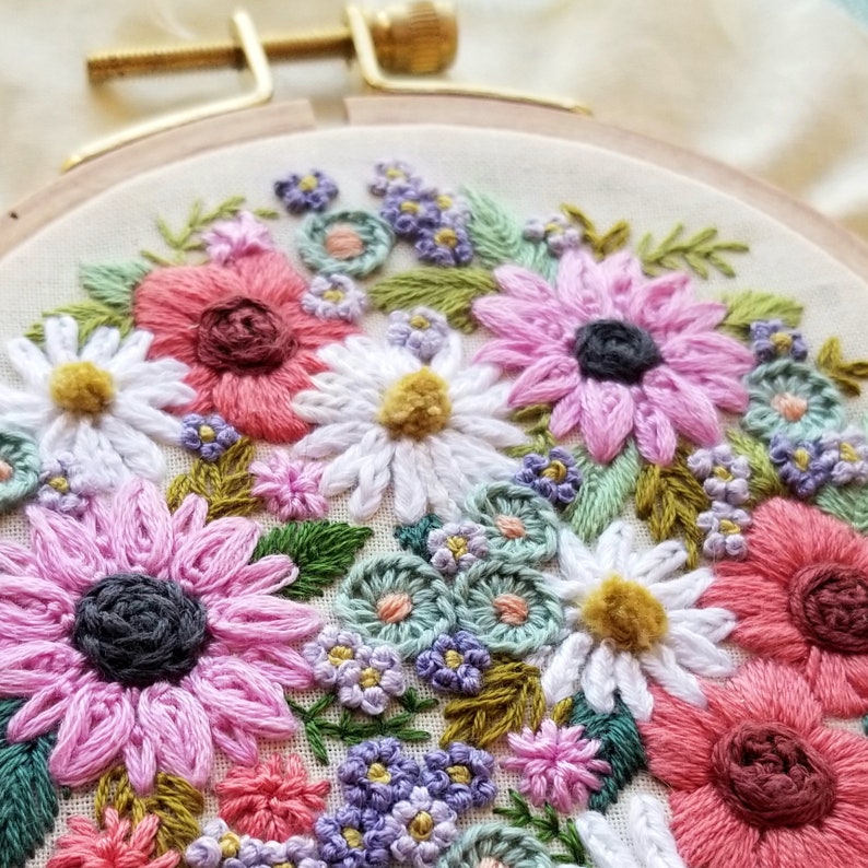 Retro Wildflower Sampler hand Embroidery pattern, digital download PDF with instructions, color & stitch keys, and template image 1