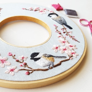 Spring Bird Wreath double hoop embroidery kit, Chickadee and cherry blossom needlepoint project, DIY modern thread painting kit