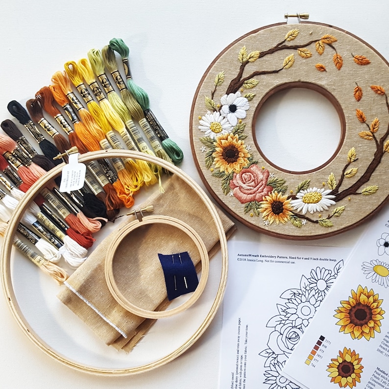 DIY holiday craft kit, Autumn wreath pattern, Fall leaves and sunflowers Needlepoint Design, crewel work thread painting embroidery hoop kit 