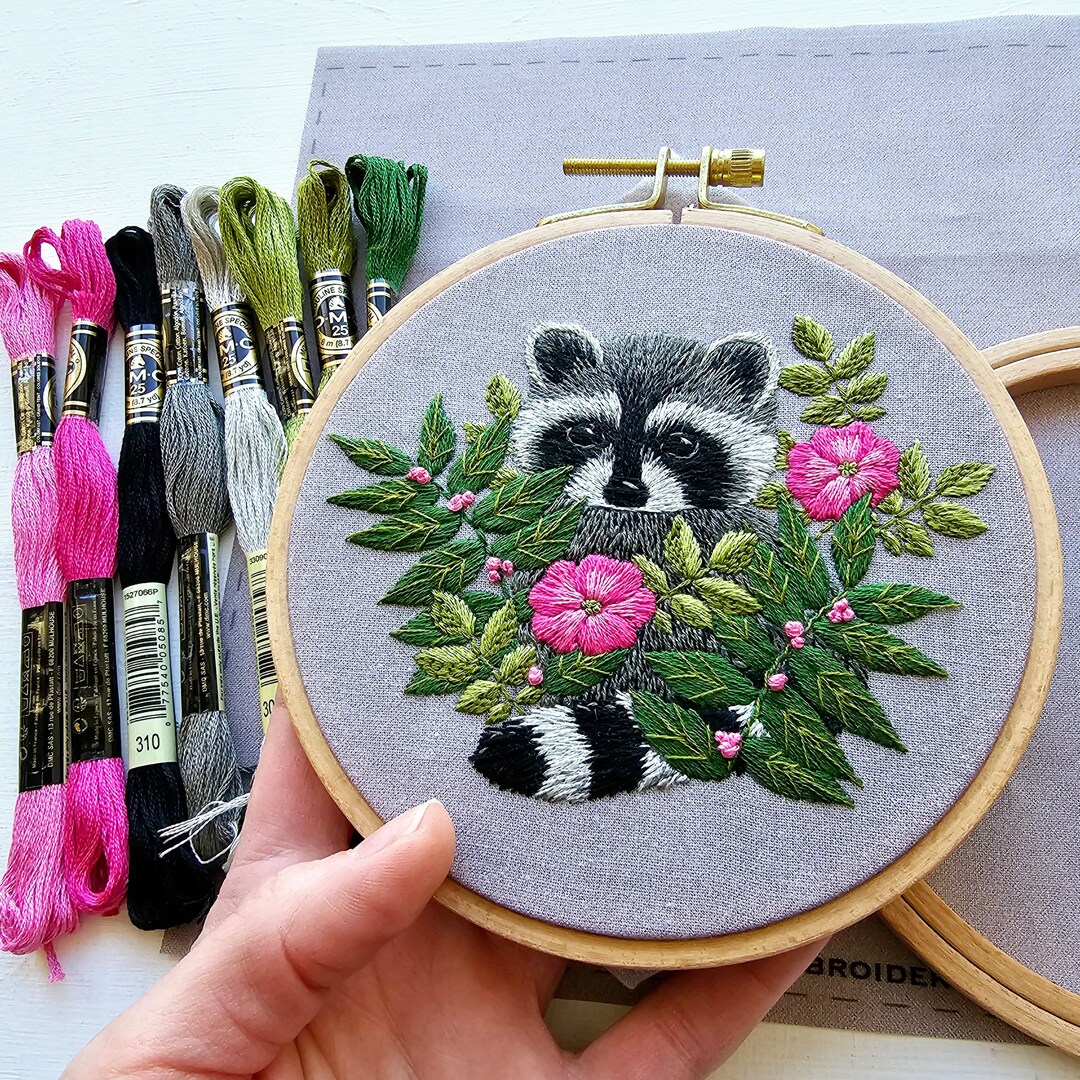 DIY Raccoon Hand Embroidery Kit, Animal Thread Painting Template, Supplies and Online Video