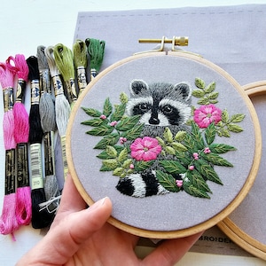 DIY Raccoon Hand Embroidery kit, Animal thread painting template, supplies and online video tutorial