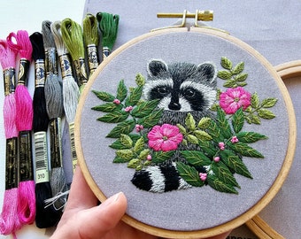 DIY Raccoon Hand Embroidery kit, Animal thread painting template, supplies and online video tutorial