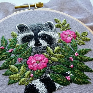 DIY Raccoon Hand Embroidery kit, Animal thread painting template, supplies and online video tutorial image 3