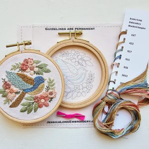 Bluebird beginner hand embroidery kit with online class, easy floral embroidery sampler craft set image 4