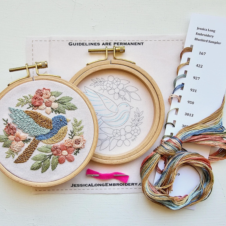 Bluebird beginner hand embroidery kit with online class, easy floral embroidery sampler craft set image 4