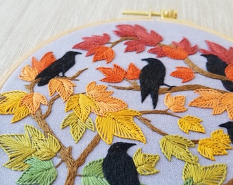 Autumn birds hand embroidery pattern, holiday craft download, fall hoop art, DIY Christmas gift for her, raven crow embroidery pdf design