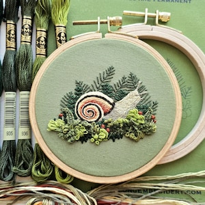 Snail DIY embroidery kit, thread painting and stumpwork project with hand embroidery supplies