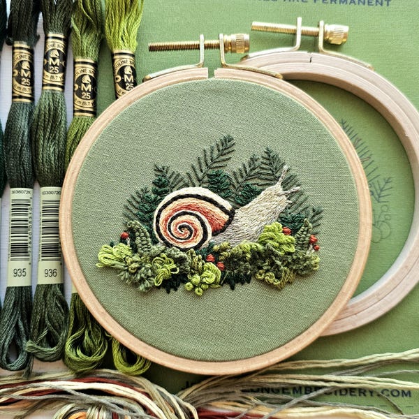 Snail DIY embroidery kit, thread painting and stumpwork project with hand embroidery supplies