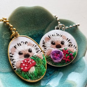 Hedgehog necklace project supplies, beginner hand embroidery jewelry kit, silver or gold pendant, DIY handmade gift for mothers day idea