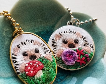 Hedgehog necklace project supplies, beginner hand embroidery jewelry kit, silver or gold pendant, DIY handmade gift for mothers day idea