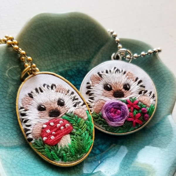 Hedgehog necklace project supplies, beginner hand embroidery jewelry kit, silver or gold pendant, DIY handmade gift for mothers day idea