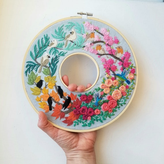 Four Seasons of Birds Hand Embroidery Kit, DIY Colorful Wall Art