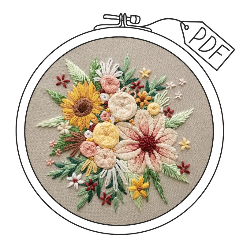 Hand Embroidery PDF: Floral Harvest pattern, Sunflower Bouquet Needlepoint Design, Modern Embroidery tutorial, thread painting guide 
