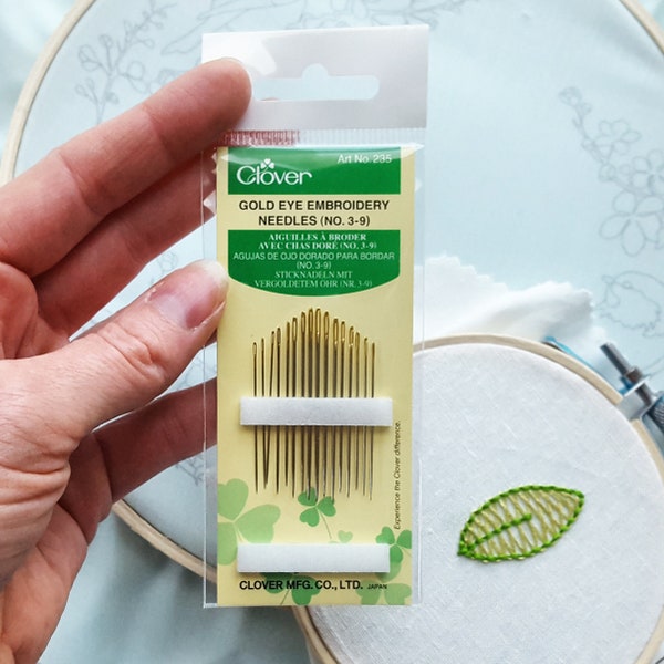 Hand embroidery needles number 3 - 9, Clover gold eye needle variety pack, crewel needles, cotton or silk embroidery needle, steel needles