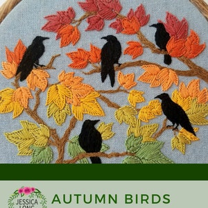 Autumn Birds embroidery hoop kit, crow embroidery pattern, fall seasonal craft project, fall leaves needlework design, self care gift image 8