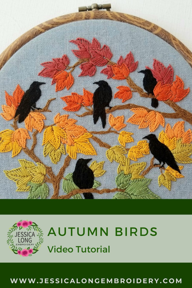 Autumn Birds embroidery hoop kit, crow embroidery pattern, fall seasonal craft project, fall leaves needlework design, self care gift image 8