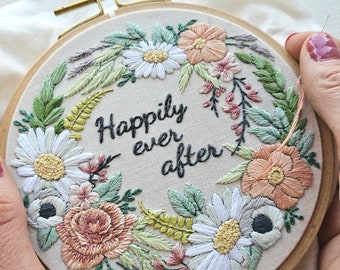 Romantic floral hand embroidery DIY Kit "Happily Ever After", pattern & embroidery supplies (wood hoop, DMC thread, printed fabric, needles)