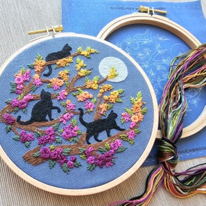 Black cats hand embroidery kit Catwalk with orange tabby option, embroidery pattern and supplies with online video tutorial image 1