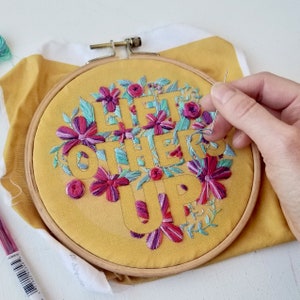 Lift Other Up inspirational embroidery pattern pdf, DIY floral stitch sampler, modern needlework stitch design, motivational hoop art image 2