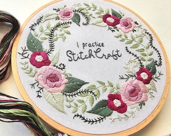 DIY pretty flowers hand embroidery kit "Floral Wreath", add your own custom text or "I practice stitchcraft", craft project for adults