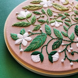 Beginner floral embroidery kit Blissful Blooms, feminine fiber art craft project with printed fabric, needles, floss & hoop image 4